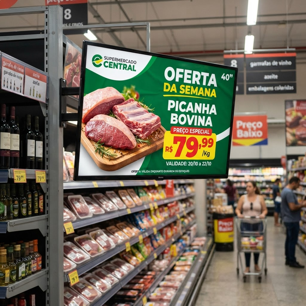 Exemplo de tela de TV Indoor exibindo oferta de carnes em supermercado