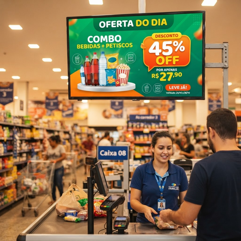 Exemplo de tela de TV Indoor exibindo oferta de bebidas e combo promocional